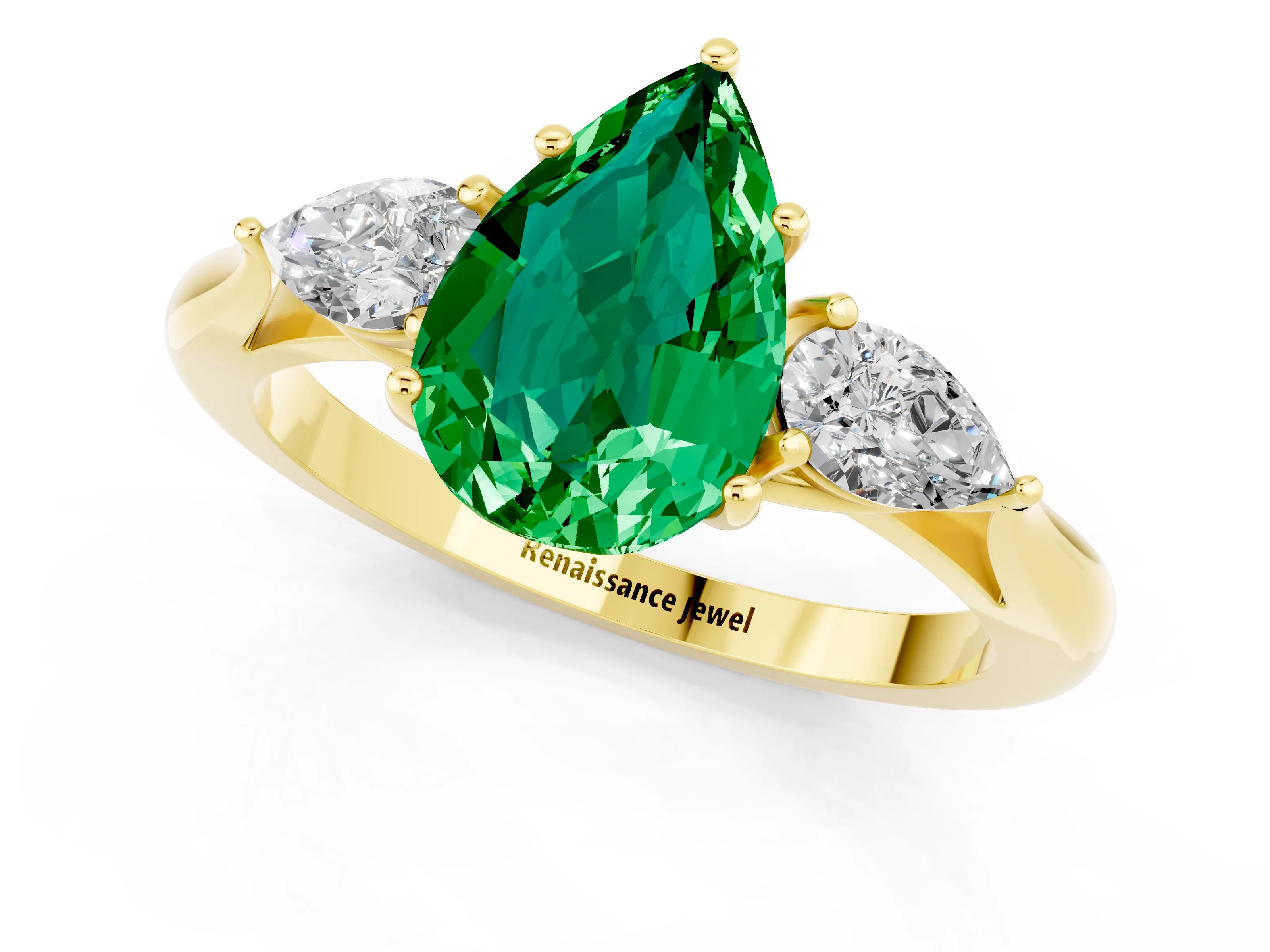Yellow gold Pear Cut Emerald Three-Stone Ring with Pear Side Stones and Four-Prong Setting_13