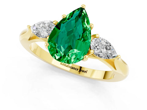 Yellow gold Pear Cut Emerald Three-Stone Ring with Pear Side Stones and Four-Prong Setting_13