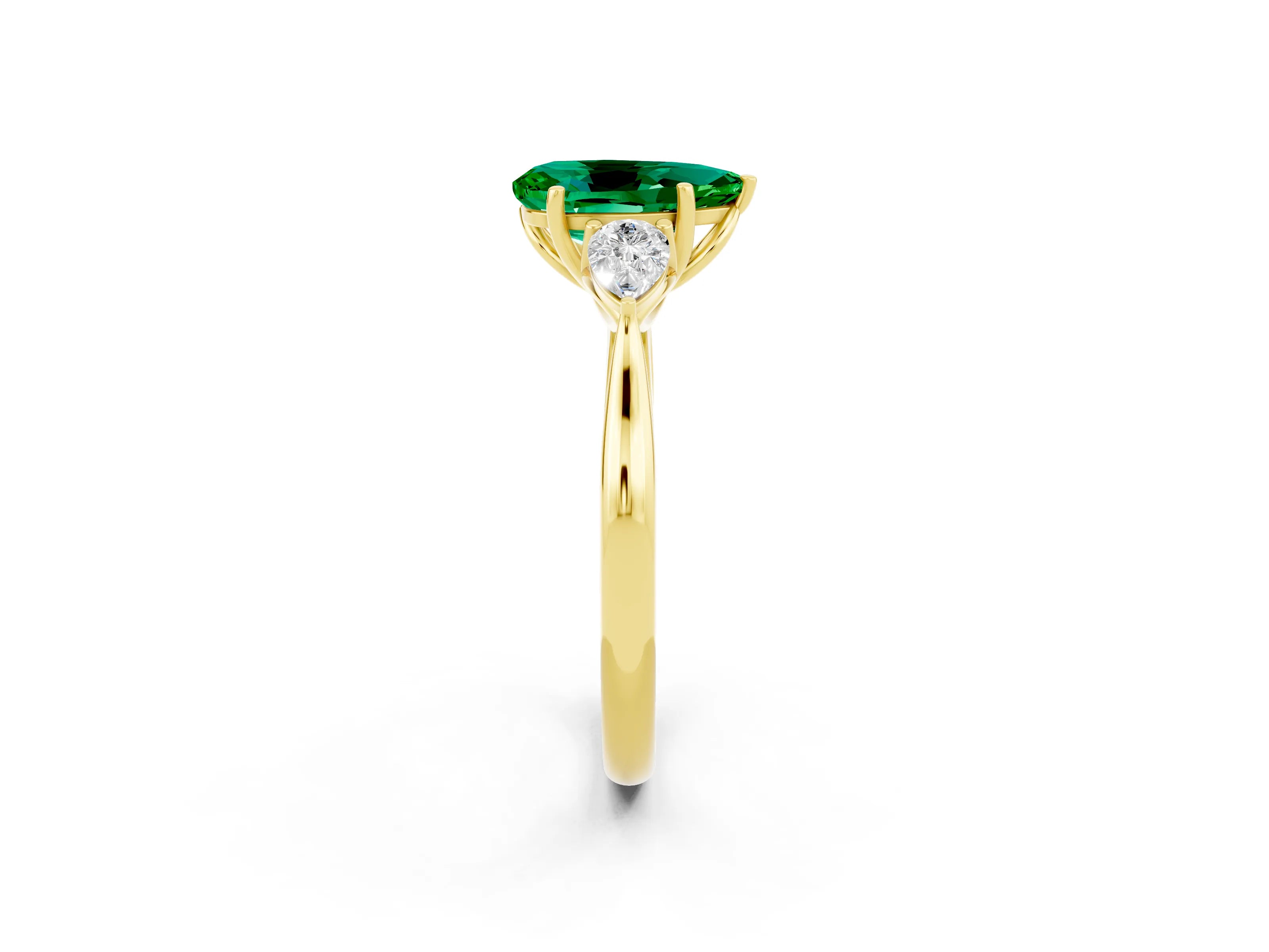 Yellow gold Pear Cut Emerald Three-Stone Ring with Pear Side Stones and Four-Prong Setting_14