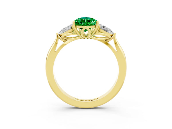 Yellow gold Pear Cut Emerald Three-Stone Ring with Pear  Side Stones and Prong Setting