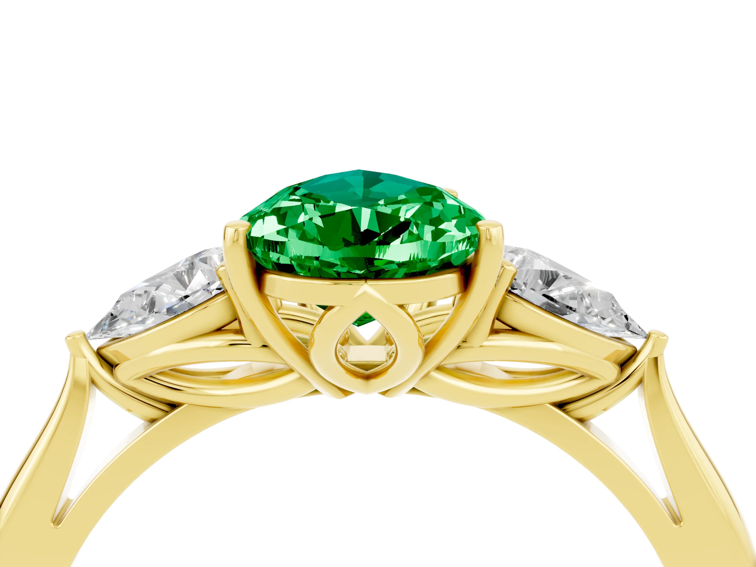 Yellow gold Pear Cut Emerald Three-Stone Ring with Pear Side Stones and Four-Prong Setting_16