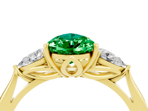 Yellow gold Pear Cut Emerald Three-Stone Ring with Pear Side Stones and Four-Prong Setting_16