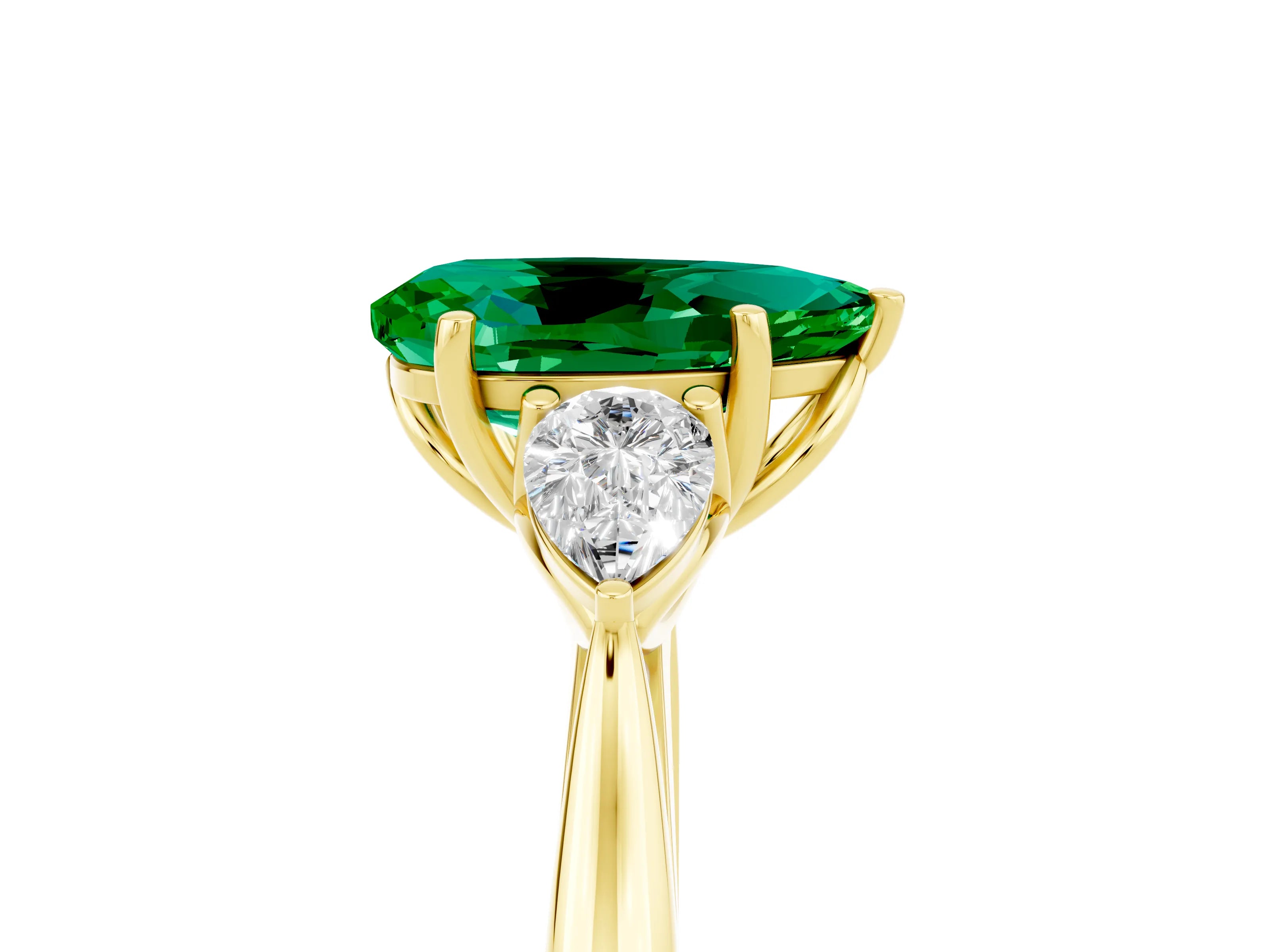 Yellow gold Pear Cut Emerald Three-Stone Ring with Pear Side Stones and Four-Prong Setting_17