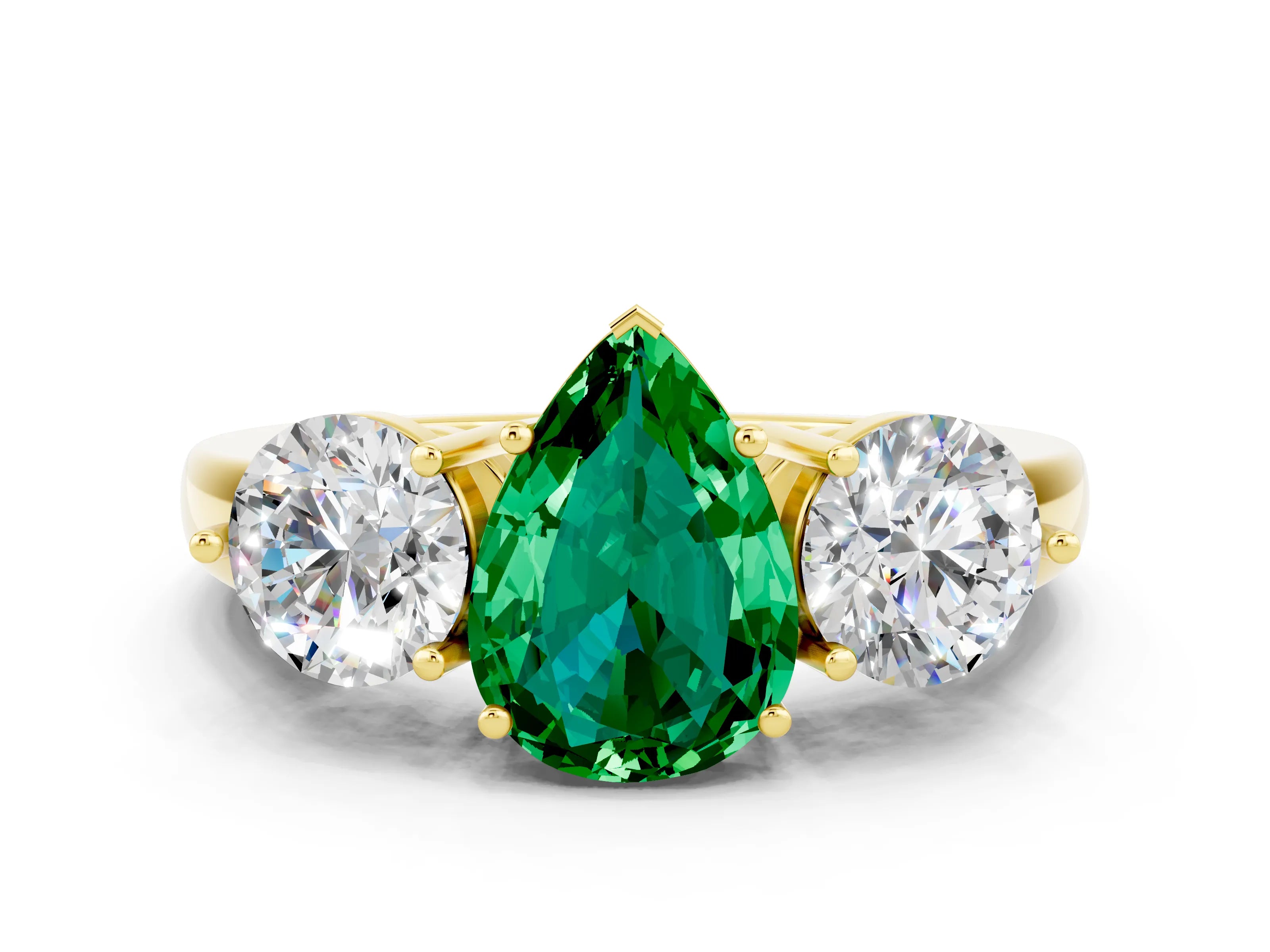Yellow gold Pear Cut Emerald Three-Stone Ring with Prong Setting and Classic Band