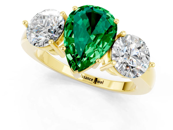 Yellow gold Pear Cut Emerald Three-Stone Ring with Prong Setting and Classic Band