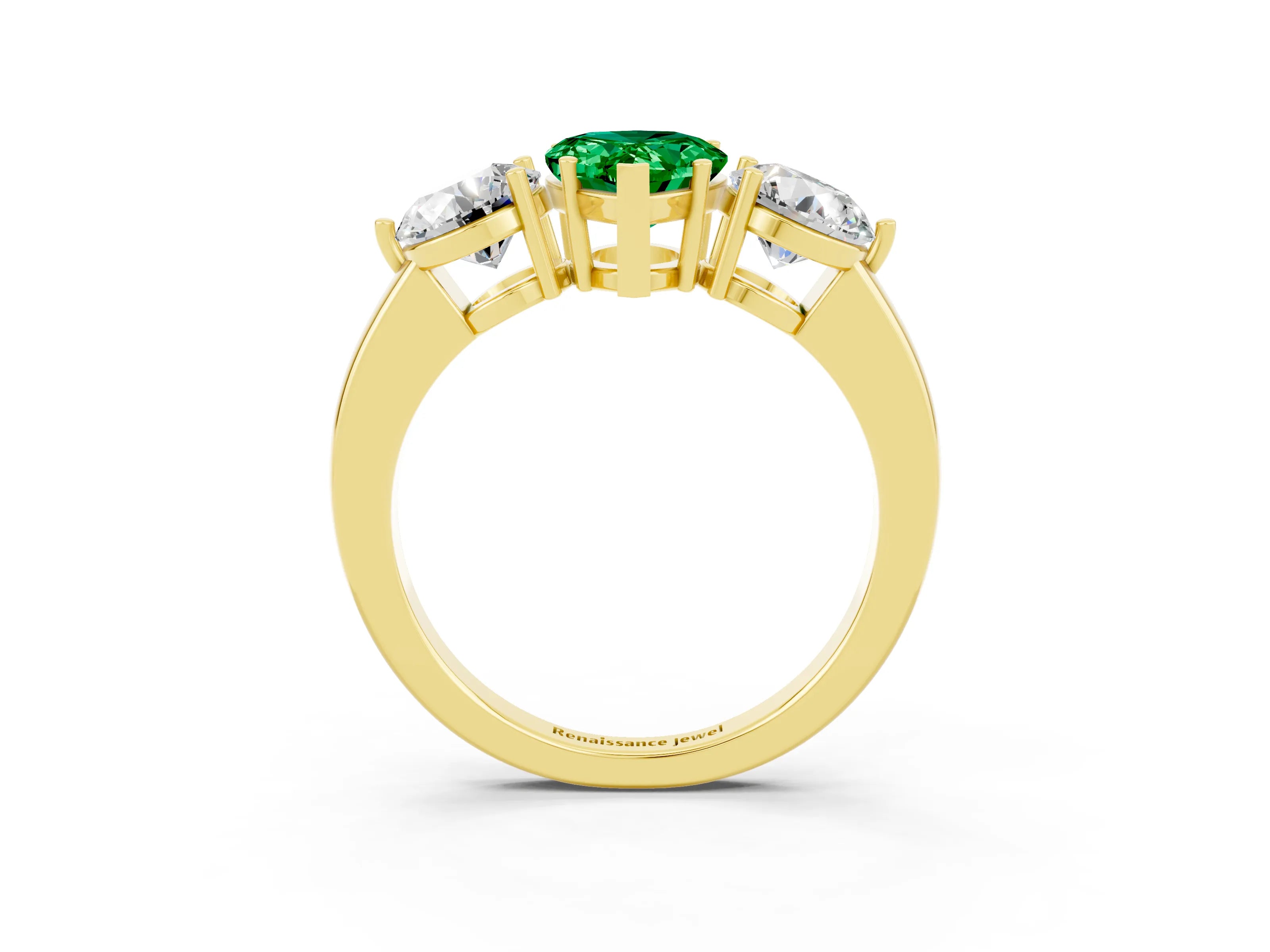 Yellow gold Pear Cut Emerald Three-Stone Ring with Prong Setting and Classic Band_3
