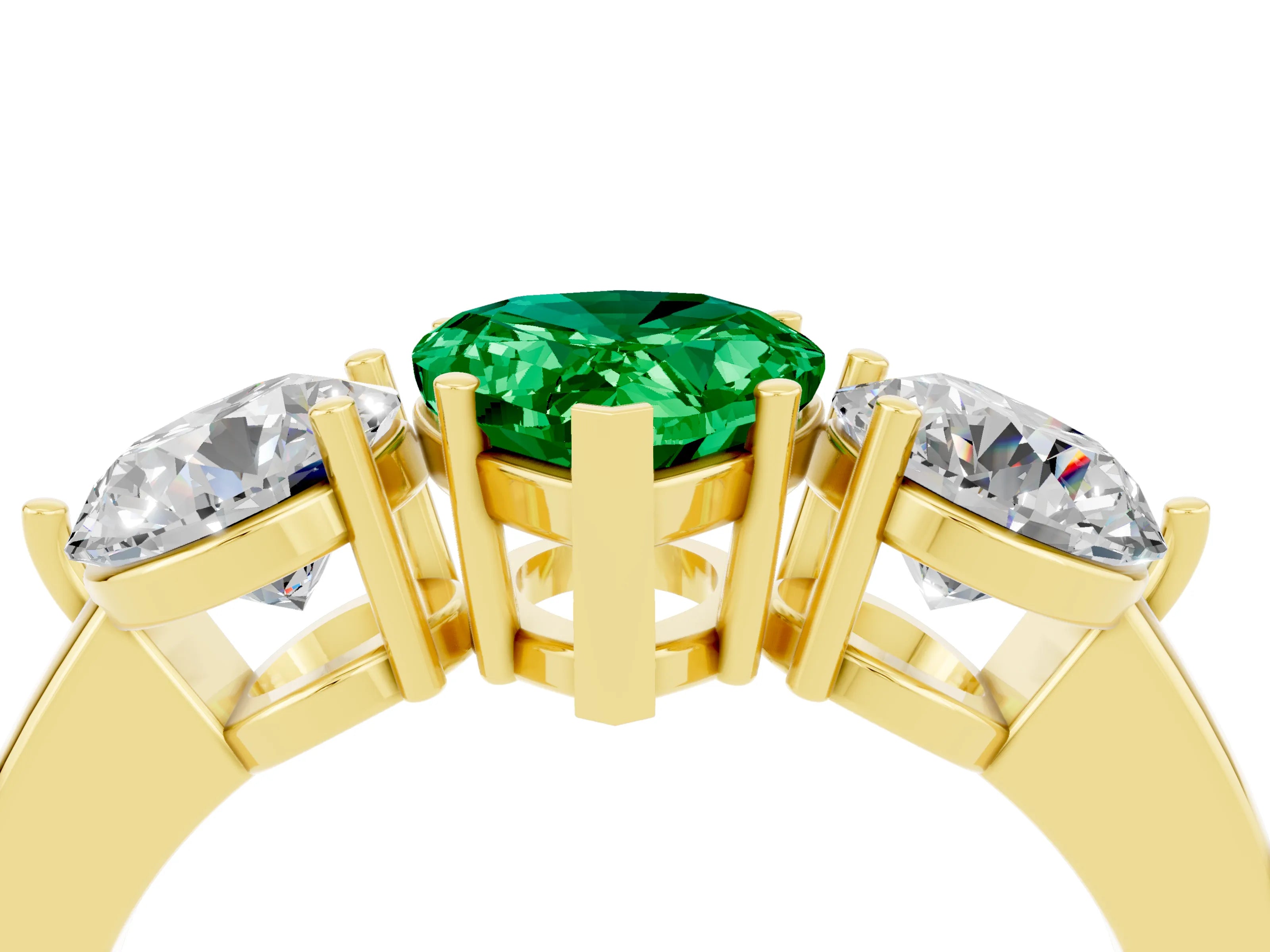 Yellow gold Pear Cut Emerald Three-Stone Ring with Prong Setting and Classic Band_4