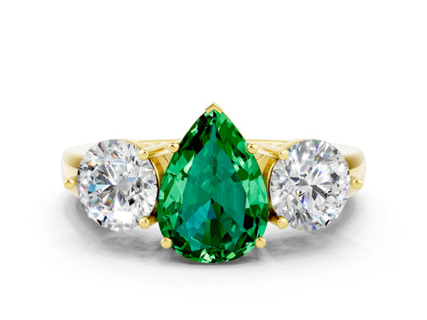 Yellow gold Pear Cut Emerald Three-Stone Ring with Prong Setting and Classic Band