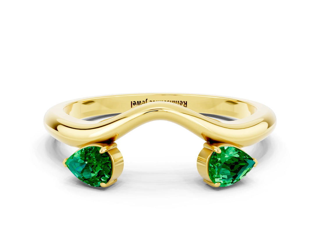 Yellow gold Pear Cut Emerald Two-Stone Open Band Ring with Prong Setting_6