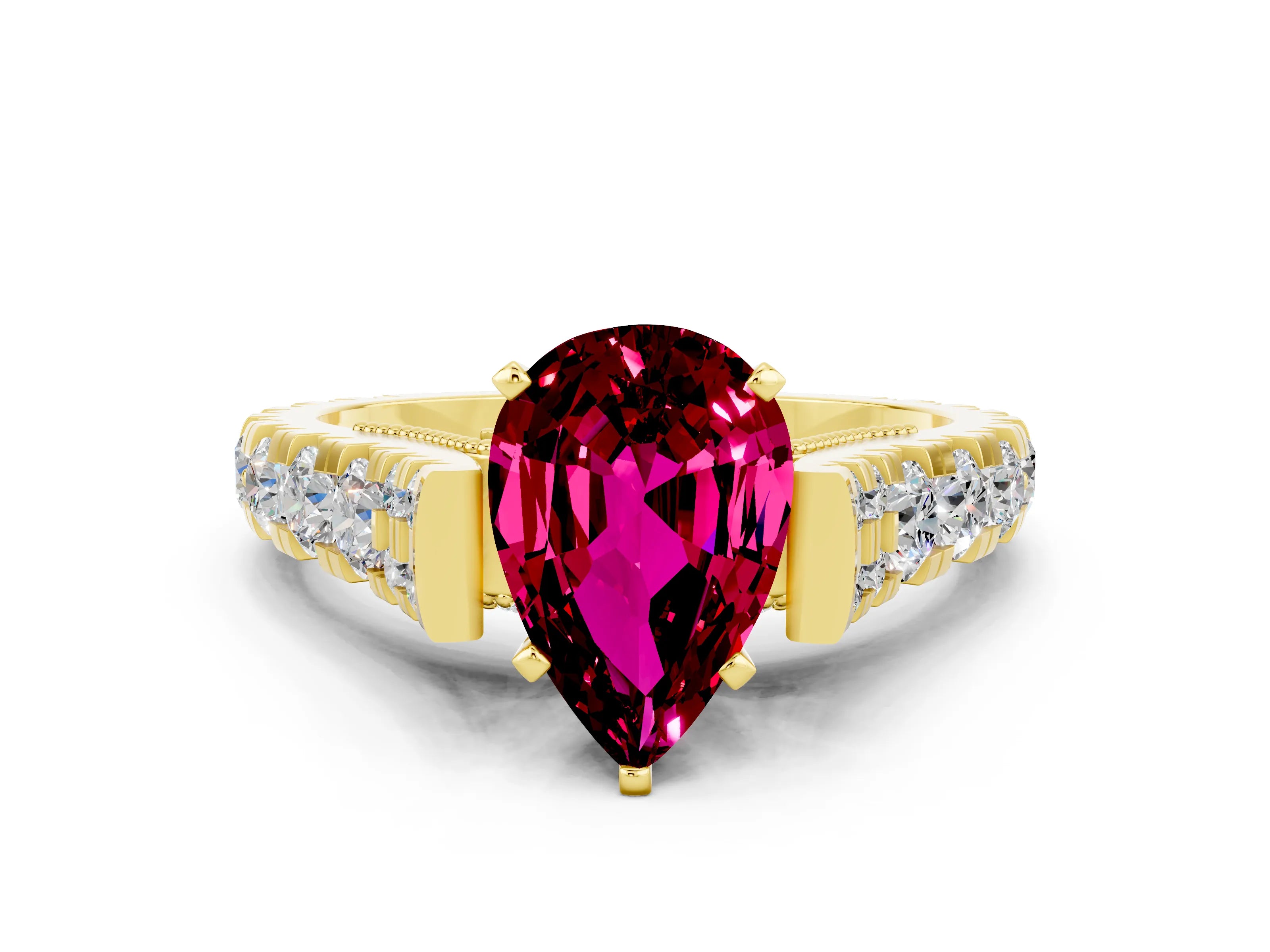 Yellow gold Pear Cut Garnet Classic Solitaire Ring with Pavé Band and Four-Prong Setting