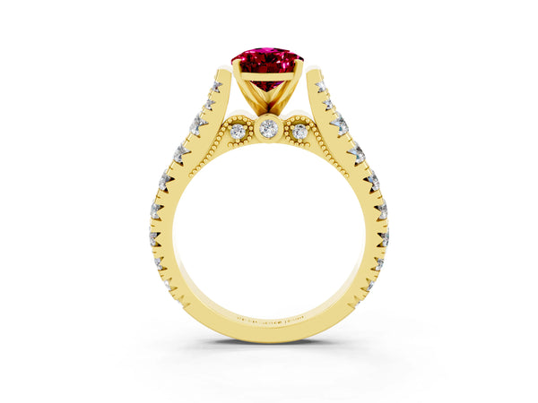 Yellow gold Pear Cut Garnet Classic Solitaire Ring with Pavé Band and Four-Prong Setting