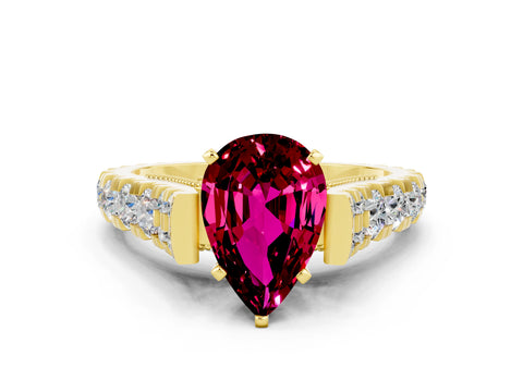 Yellow gold Pear Cut Garnet Classic Solitaire Ring with Pavé Band and Four-Prong Setting