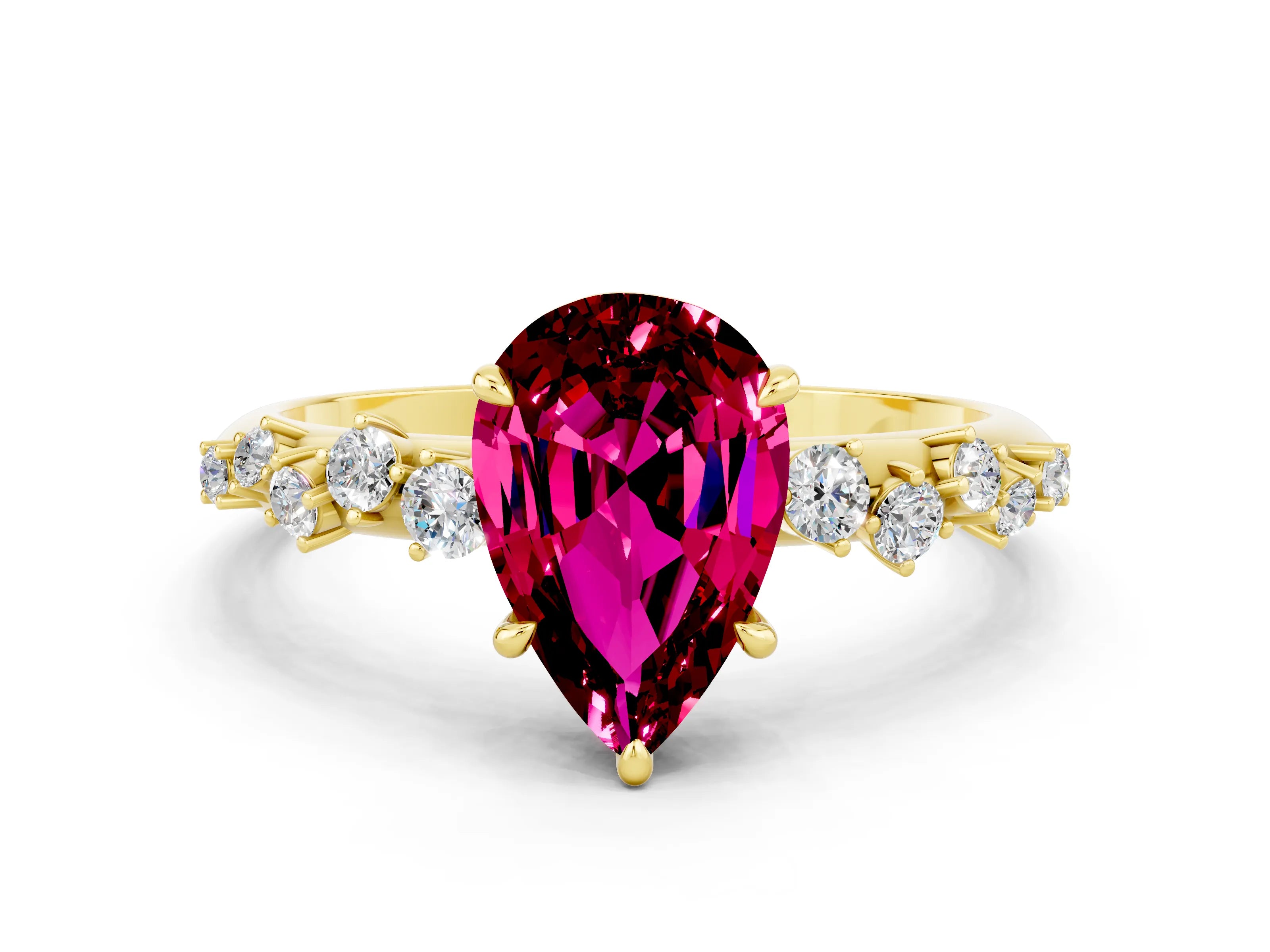 Yellow gold Pear Cut Garnet Cluster Side Stone Solitaire Ring with Prong Setting_24