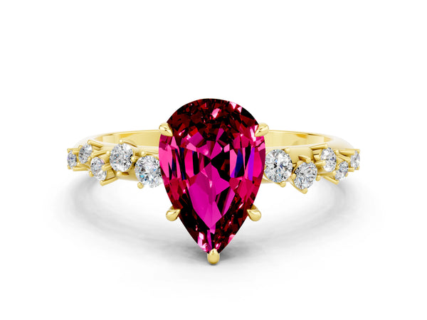 Yellow gold Pear Cut Garnet Cluster Side Stone Solitaire Ring with Prong Setting