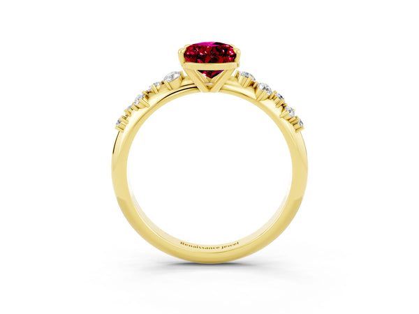 Yellow gold Pear Cut Garnet Cluster Side Stone Solitaire Ring with Prong Setting