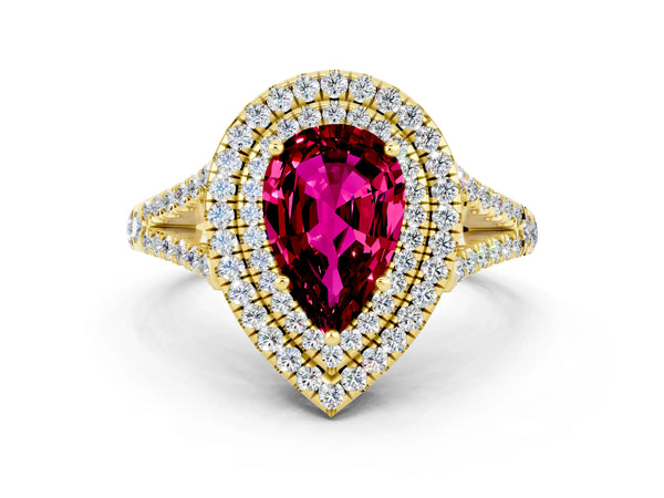 Yellow gold Pear Cut Garnet Double Halo Ring with Pavé Band and Prong Setting