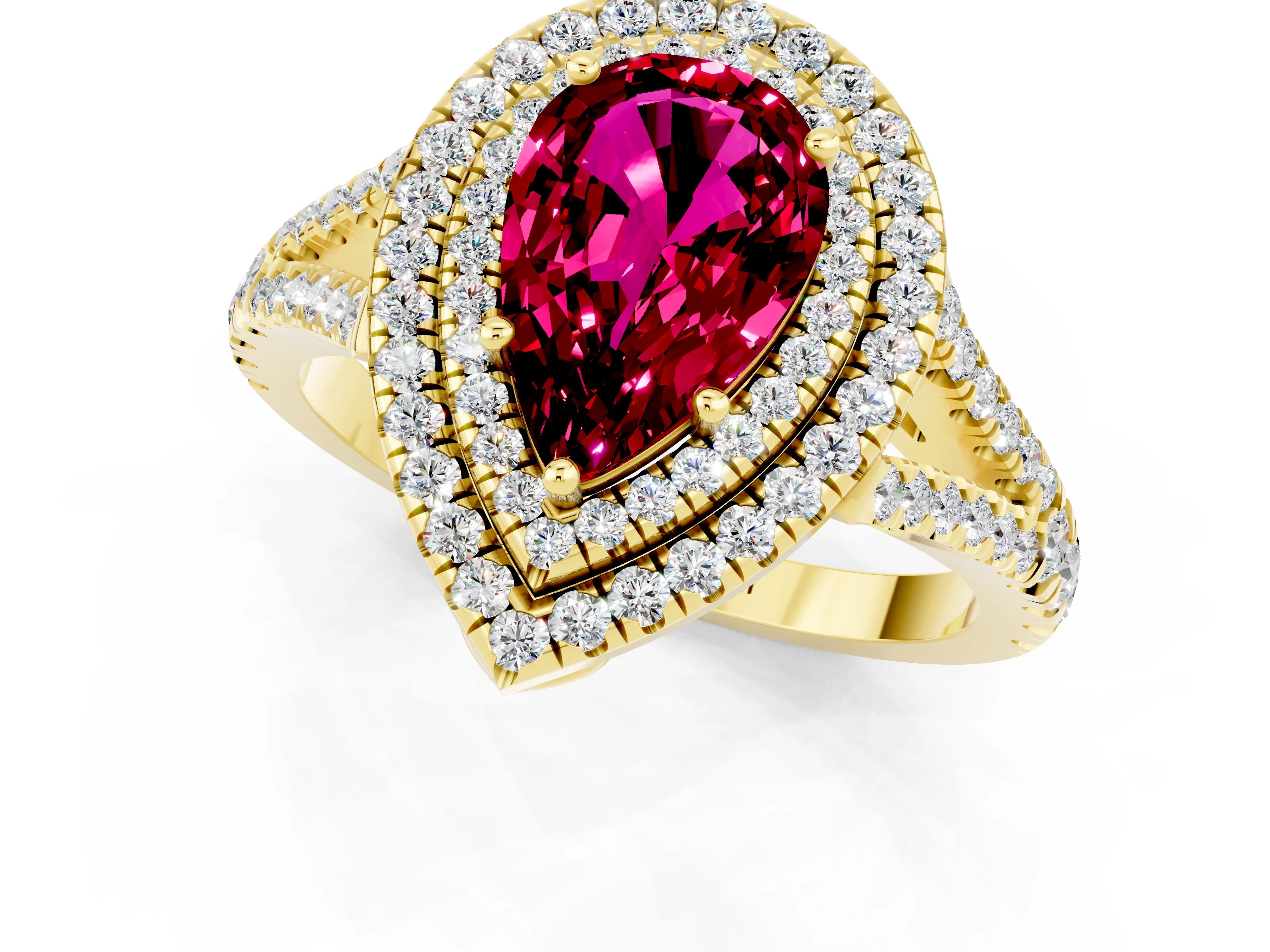 Yellow gold Pear Cut Garnet Double Halo Ring with Pavé Band and Prong Setting_13