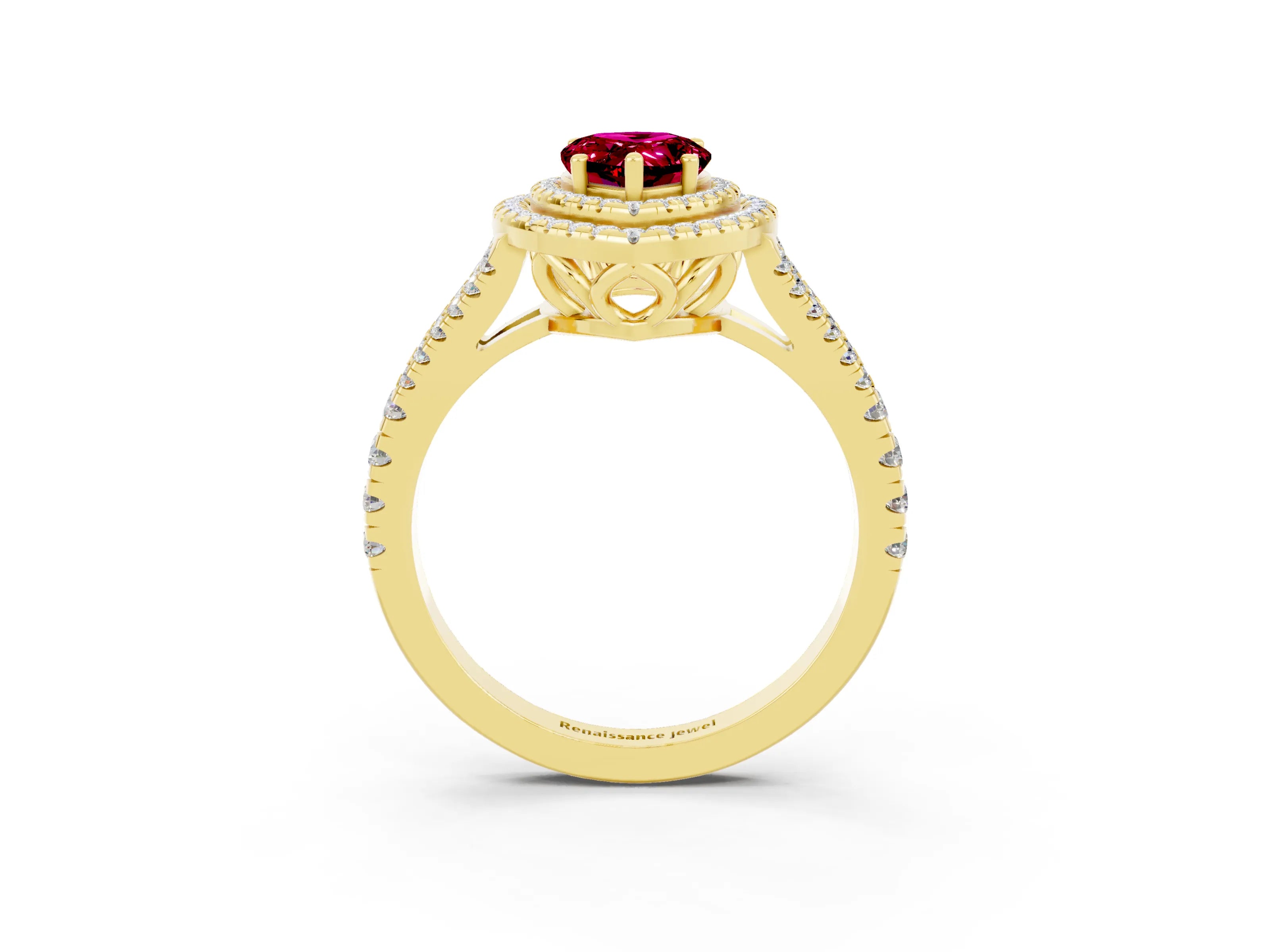 Yellow gold Pear Cut Garnet Double Halo Ring with Pavé Band and Prong Setting_15