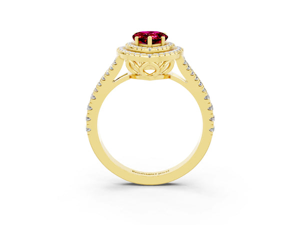 Yellow gold Pear Cut Garnet Double Halo Ring with Pavé Band and Prong Setting