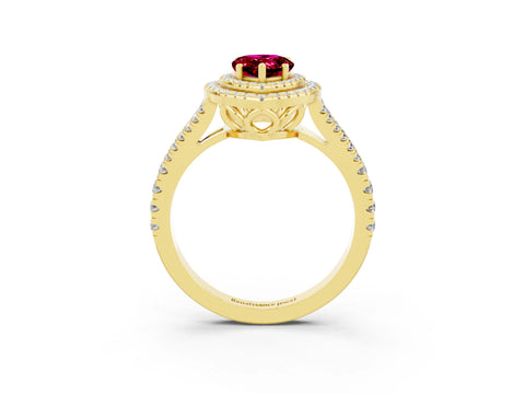 Yellow gold Pear Cut Garnet Double Halo Ring with Pavé Band and Prong Setting_15