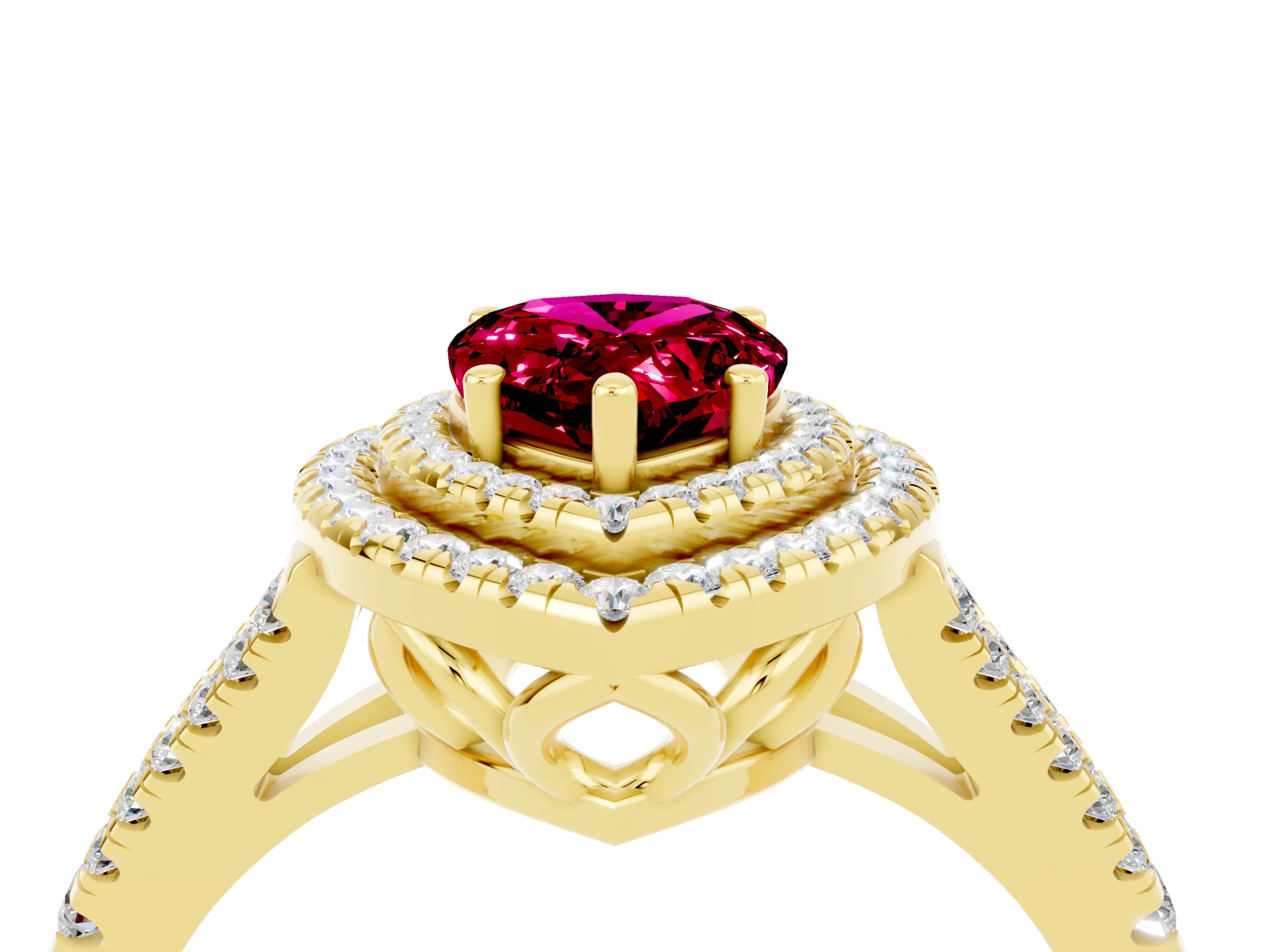 Yellow gold Pear Cut Garnet Double Halo Ring with Pavé Band and Prong Setting_16