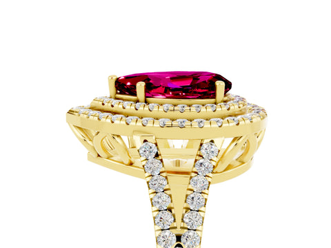 Yellow gold Pear Cut Garnet Double Halo Ring with Pavé Band and Prong Setting_17