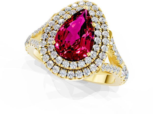 Yellow gold Pear Cut Garnet Double Halo Ring with Split Shank and Prong Setting