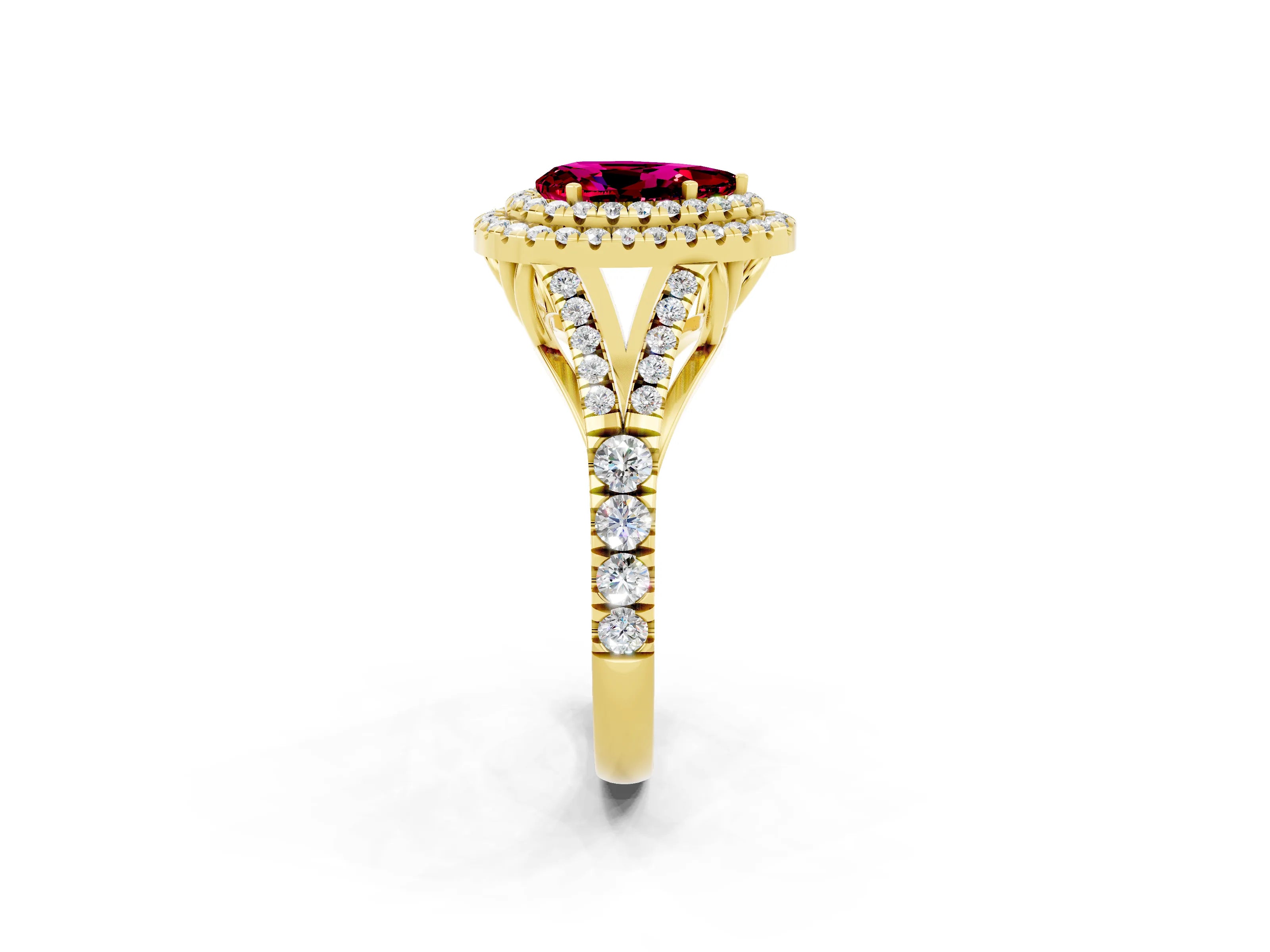 Yellow gold Pear Cut Garnet Double Halo Ring with Split Shank and Prong Setting_14