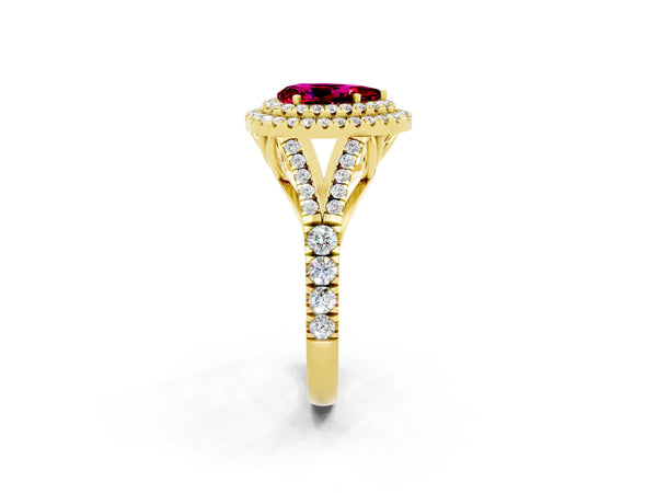 Yellow gold Pear Cut Garnet Double Halo Ring with Split Shank and Prong Setting