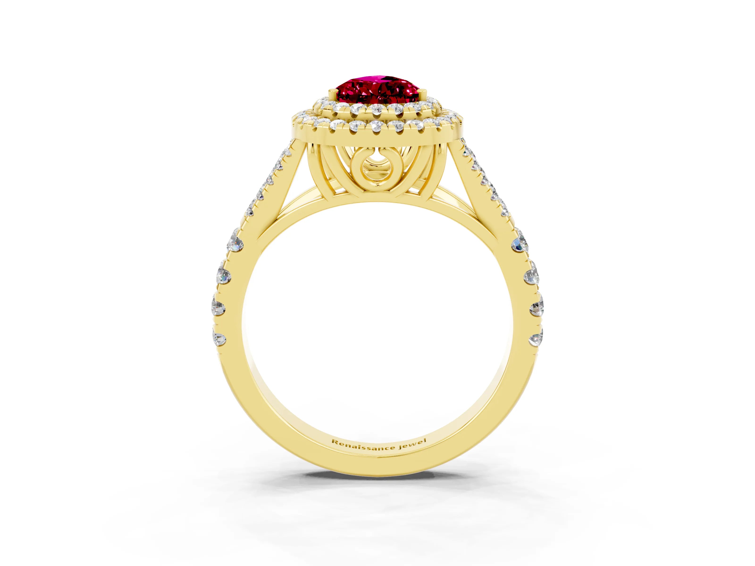 Yellow gold Pear Cut Garnet Double Halo Ring with Split Shank and Prong Setting_15