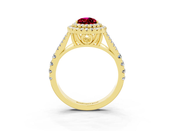 Yellow gold Pear Cut Garnet Double Halo Ring with Split Shank and Prong Setting