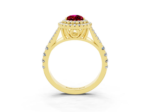 Yellow gold Pear Cut Garnet Double Halo Ring with Split Shank and Prong Setting_15