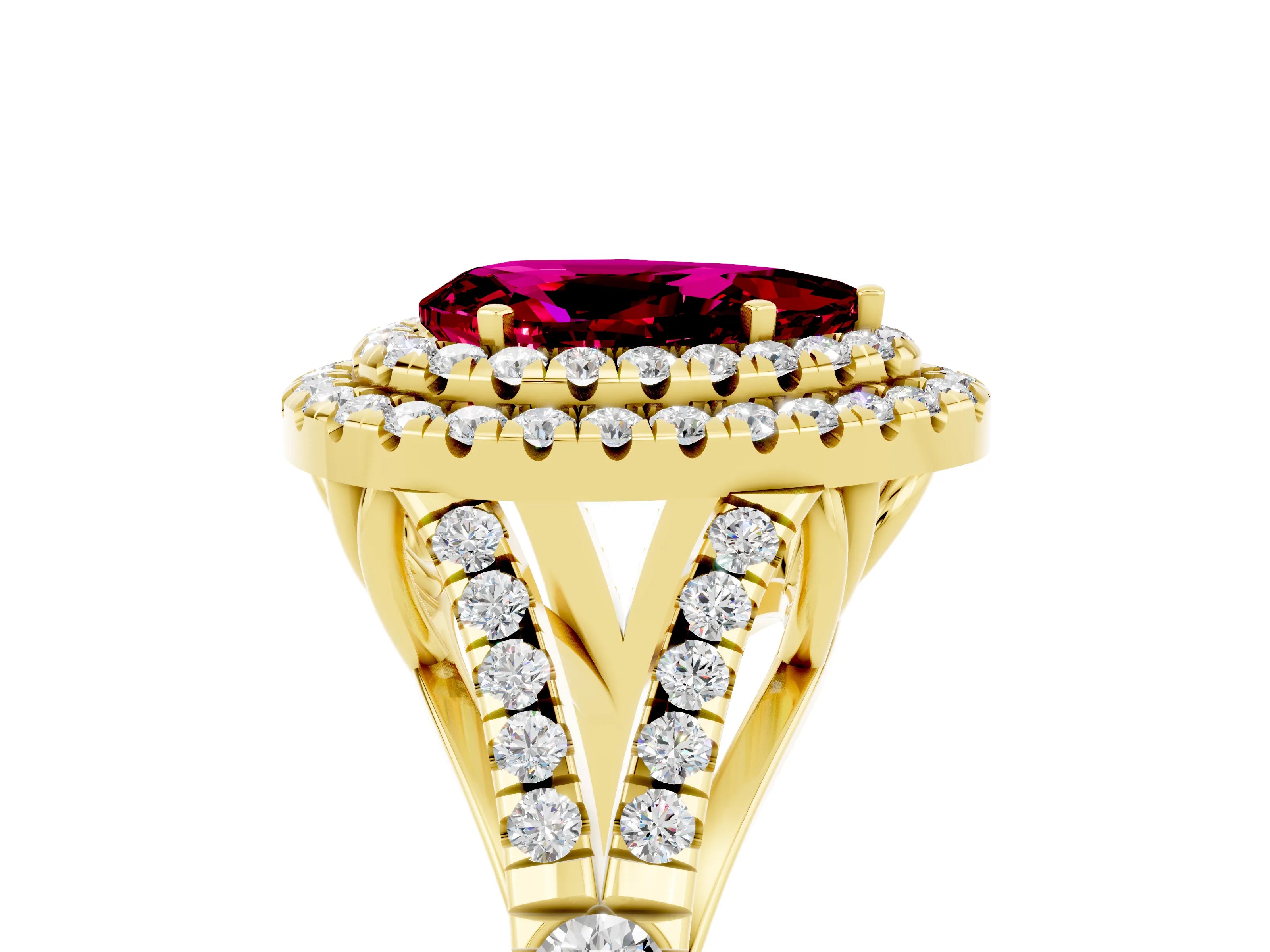 Yellow gold Pear Cut Garnet Double Halo Ring with Split Shank and Prong Setting_17