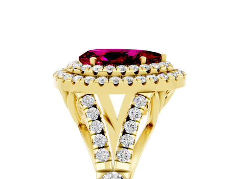 Yellow gold Pear Cut Garnet Double Halo Ring with Split Shank and Prong Setting_17