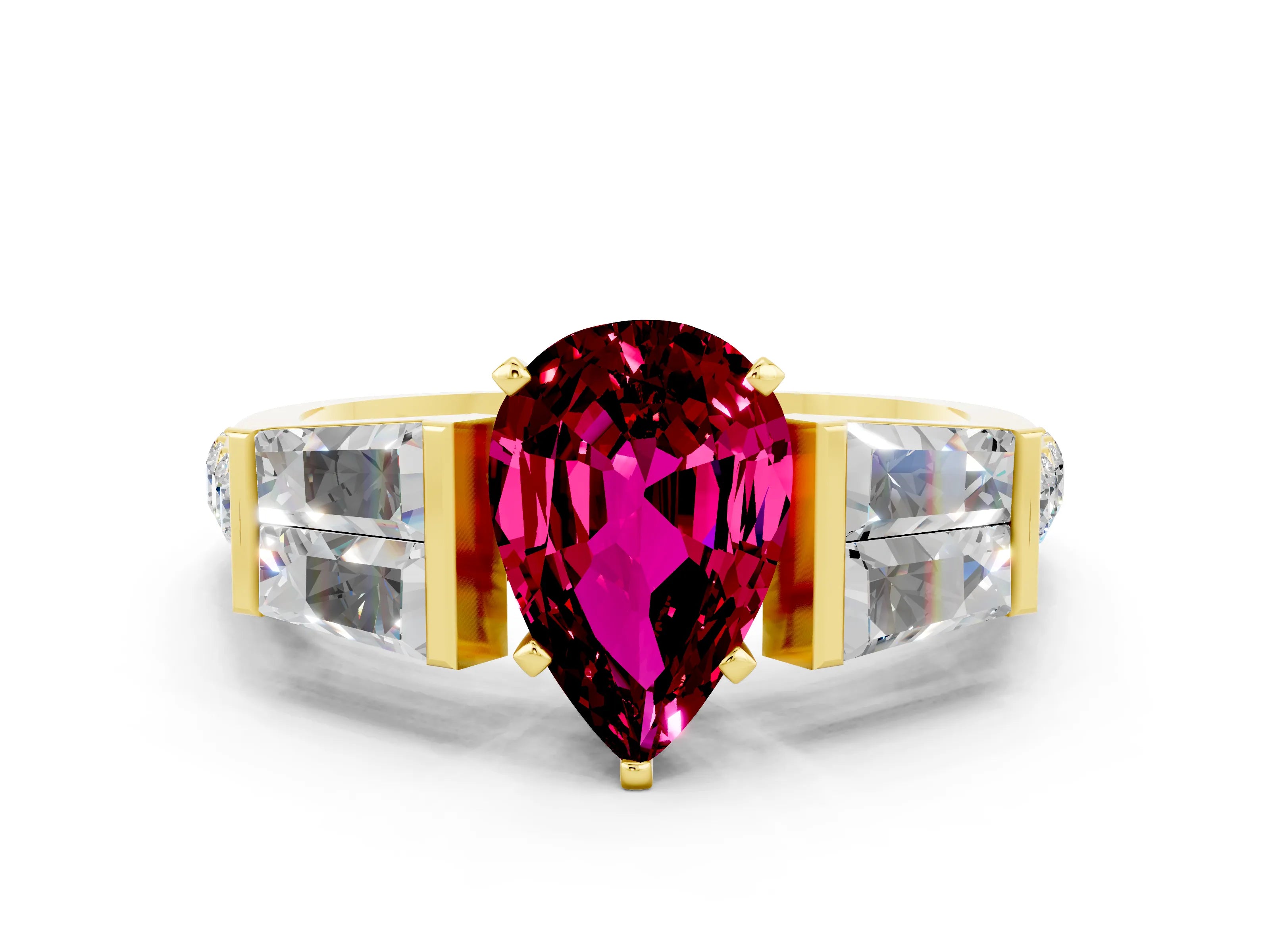 Yellow gold Pear Cut Garnet Engagement Ring with Baguette Side Stones and Channel Set Band