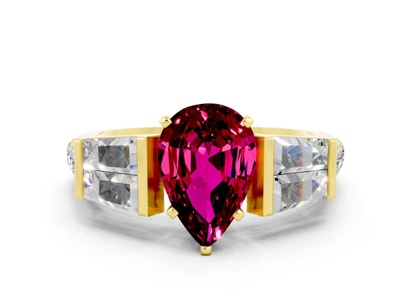 Yellow gold Pear Cut Garnet Engagement Ring with Baguette Side Stones and Channel Set Band