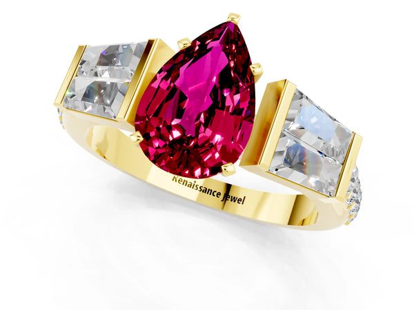 Yellow gold Pear Cut Garnet Engagement Ring with Baguette Side Stones and Channel Set Band
