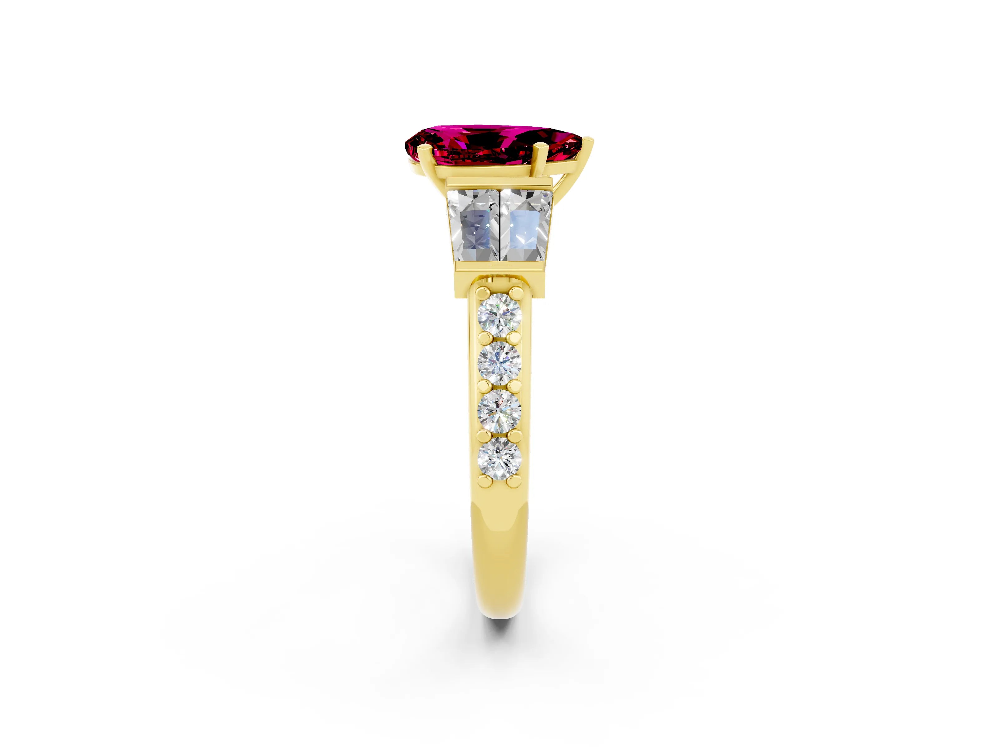 Yellow gold Pear Cut Garnet Engagement Ring with Baguette Side Stones and Channel Set Band_2