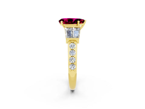 Yellow gold Pear Cut Garnet Engagement Ring with Baguette Side Stones and Channel Set Band_2