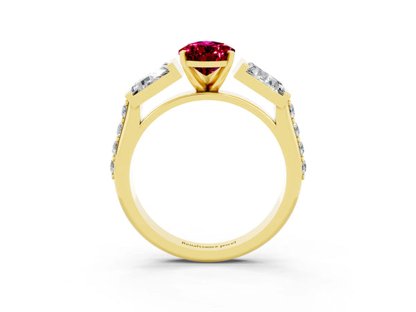 Yellow gold Pear Cut Garnet Engagement Ring with Baguette Side Stones and Channel Set Band