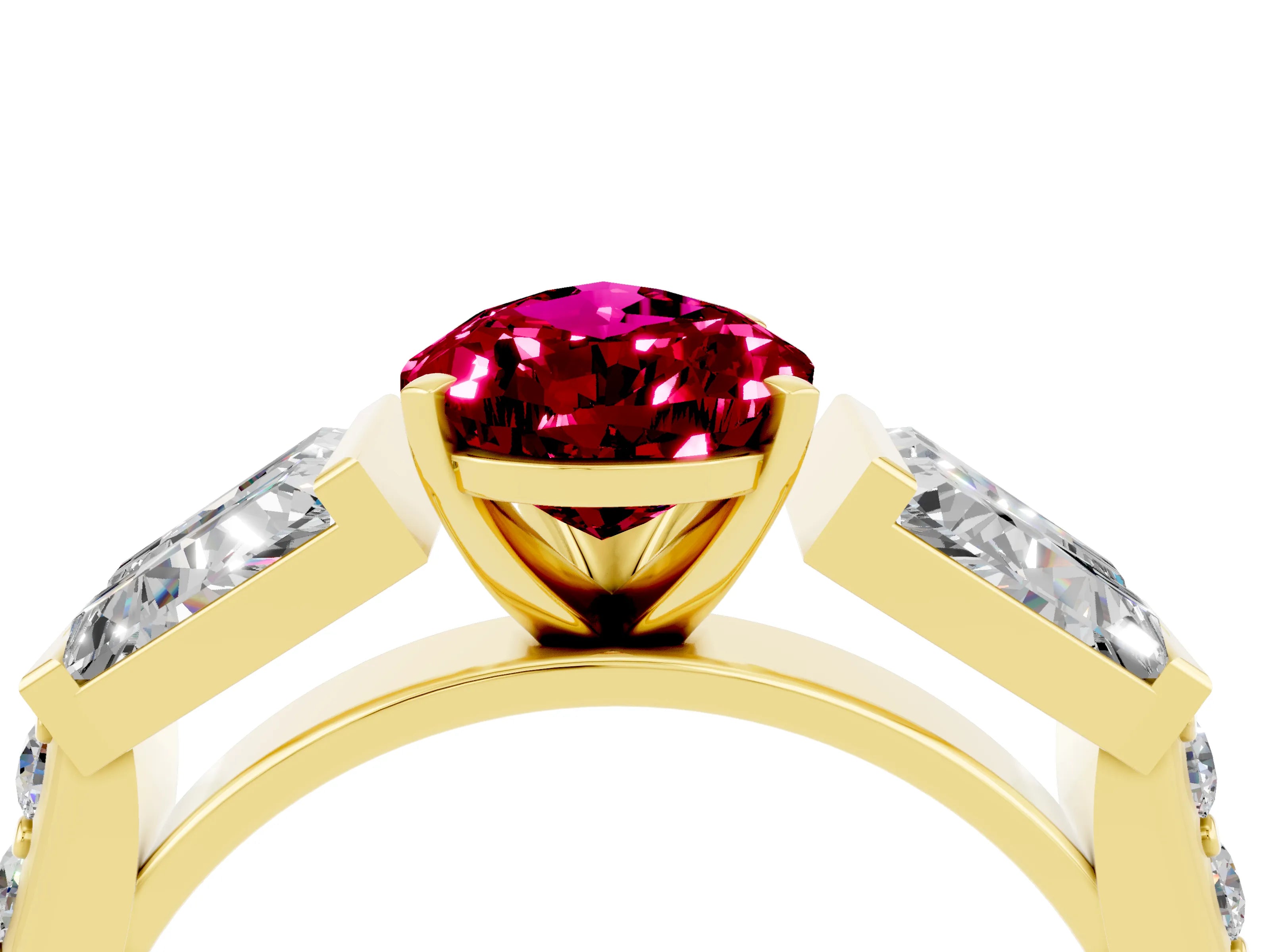Yellow gold Pear Cut Garnet Engagement Ring with Baguette Side Stones and Channel Set Band_4