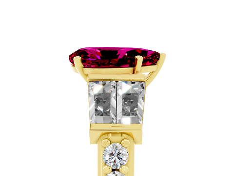 Yellow gold Pear Cut Garnet Engagement Ring with Baguette Side Stones and Channel Set Band_5