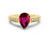 Yellow gold Pear Cut Garnet Engagement Ring with Milgrain Channel Set Band and Prong Setting