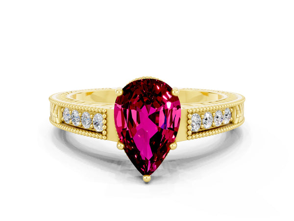 Yellow gold Pear Cut Garnet Engagement Ring with Milgrain Channel Set Band and Prong Setting