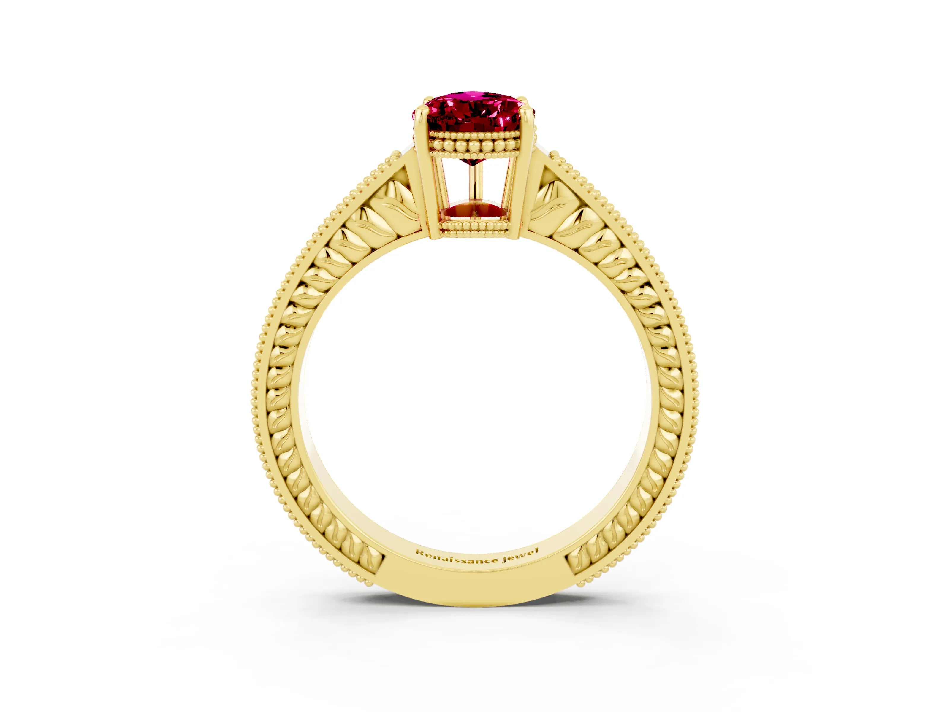 Yellow gold Pear Cut Garnet Engagement Ring with Milgrain Channel Set Band and Prong Setting_3