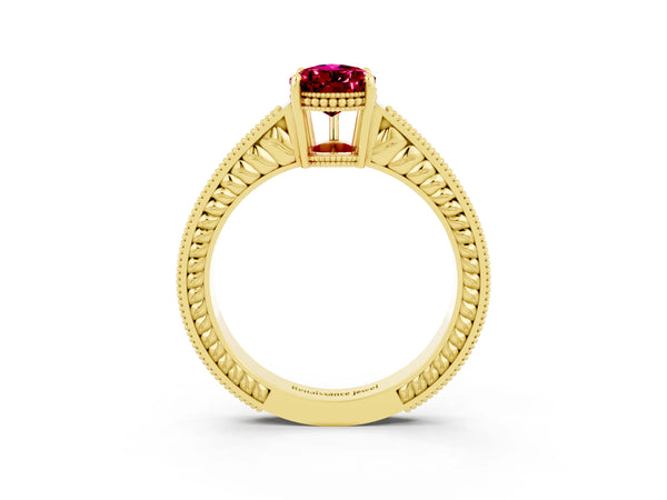 Yellow gold Pear Cut Garnet Engagement Ring with Milgrain Channel Set Band and Prong Setting