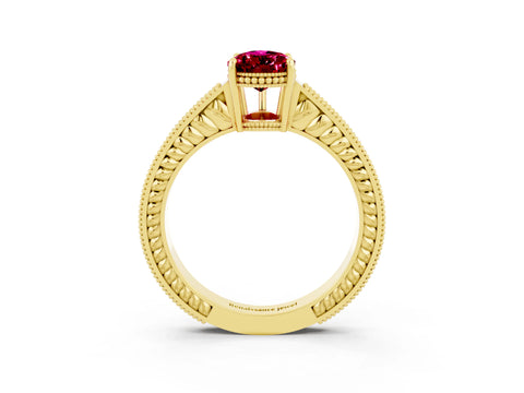 Yellow gold Pear Cut Garnet Engagement Ring with Milgrain Channel Set Band and Prong Setting_3
