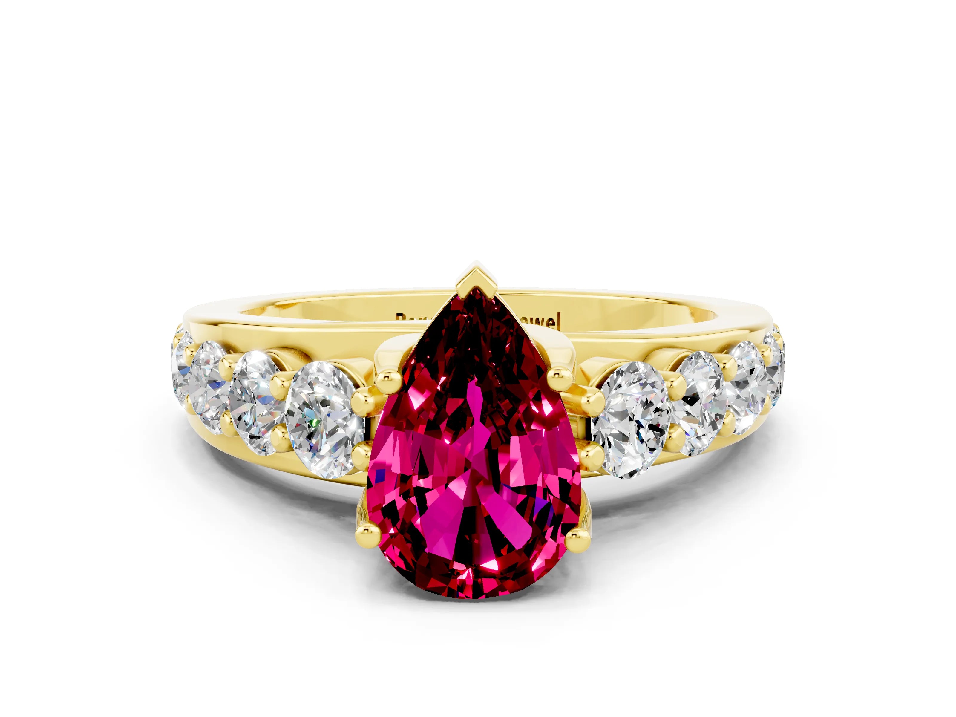 Yellow gold Pear Cut Garnet Engagement Ring with Pavé Band and Four-Prong Setting