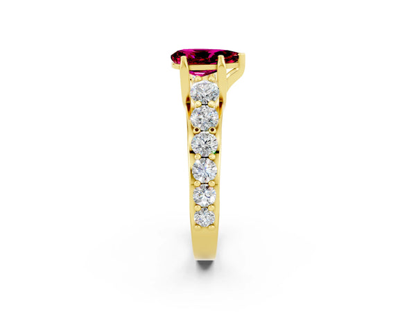 Yellow gold Pear Cut Garnet Engagement Ring with Pavé Band and Four-Prong Setting