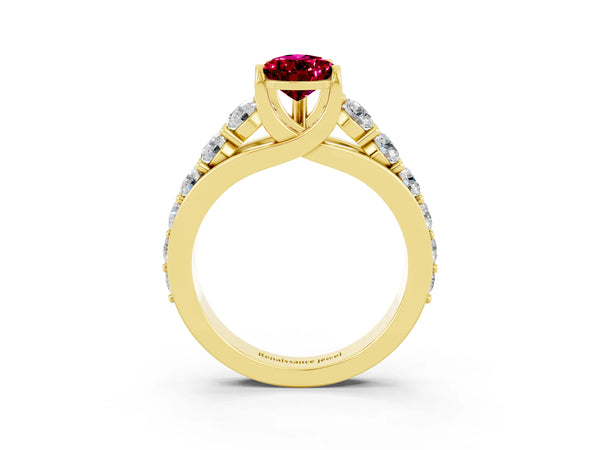 Yellow gold Pear Cut Garnet Engagement Ring with Pavé Band and Four-Prong Setting